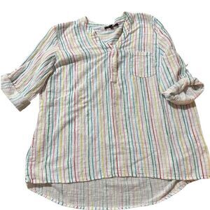 Charlie B Linen Tunic Shirt Multi Color Stripe Summer Rolled Sleeve‎ Women's XL